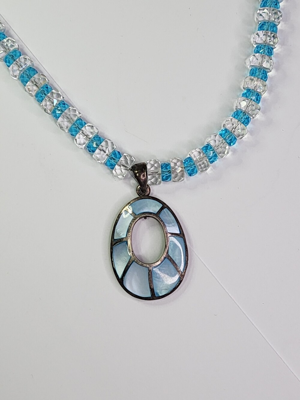 Sterling Silver Blue Mother Of Pearl Inlay Pendant On Blue and White Necklace